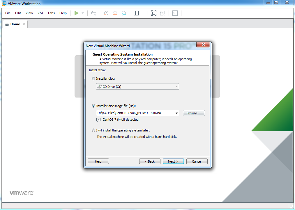 VMware workstation home screen – create a new virtual machine wizard installer disc image file browse screenshot.