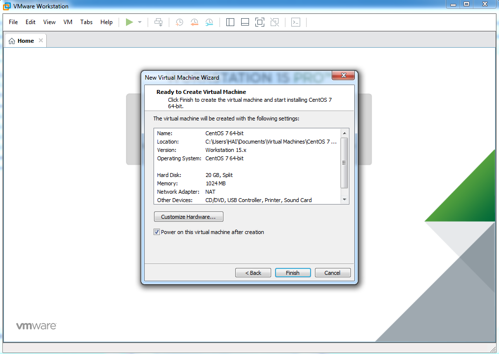 VMware workstation home create a new virtual machine wizard ready to create virtual machine dialog box screenshot