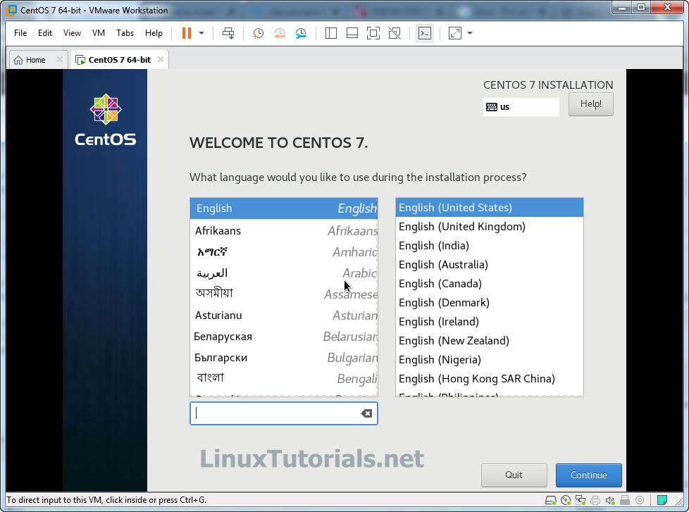 CentOS setup choose language