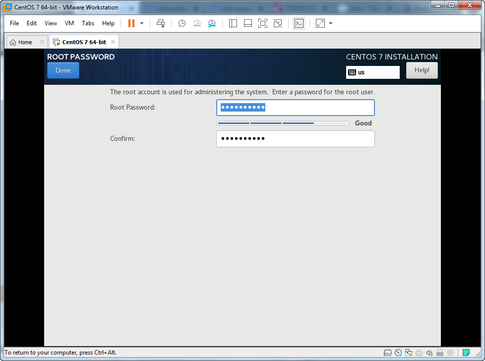 CentOS setup set root password dialog box screenshot