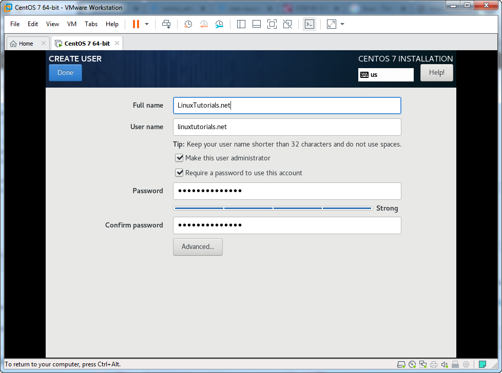 CentOS Setup – Create user dialog box screenshot
