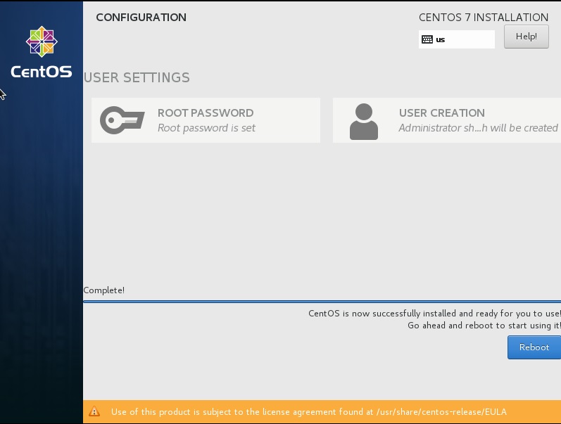 CentOS Setup – Installation complete – reboot